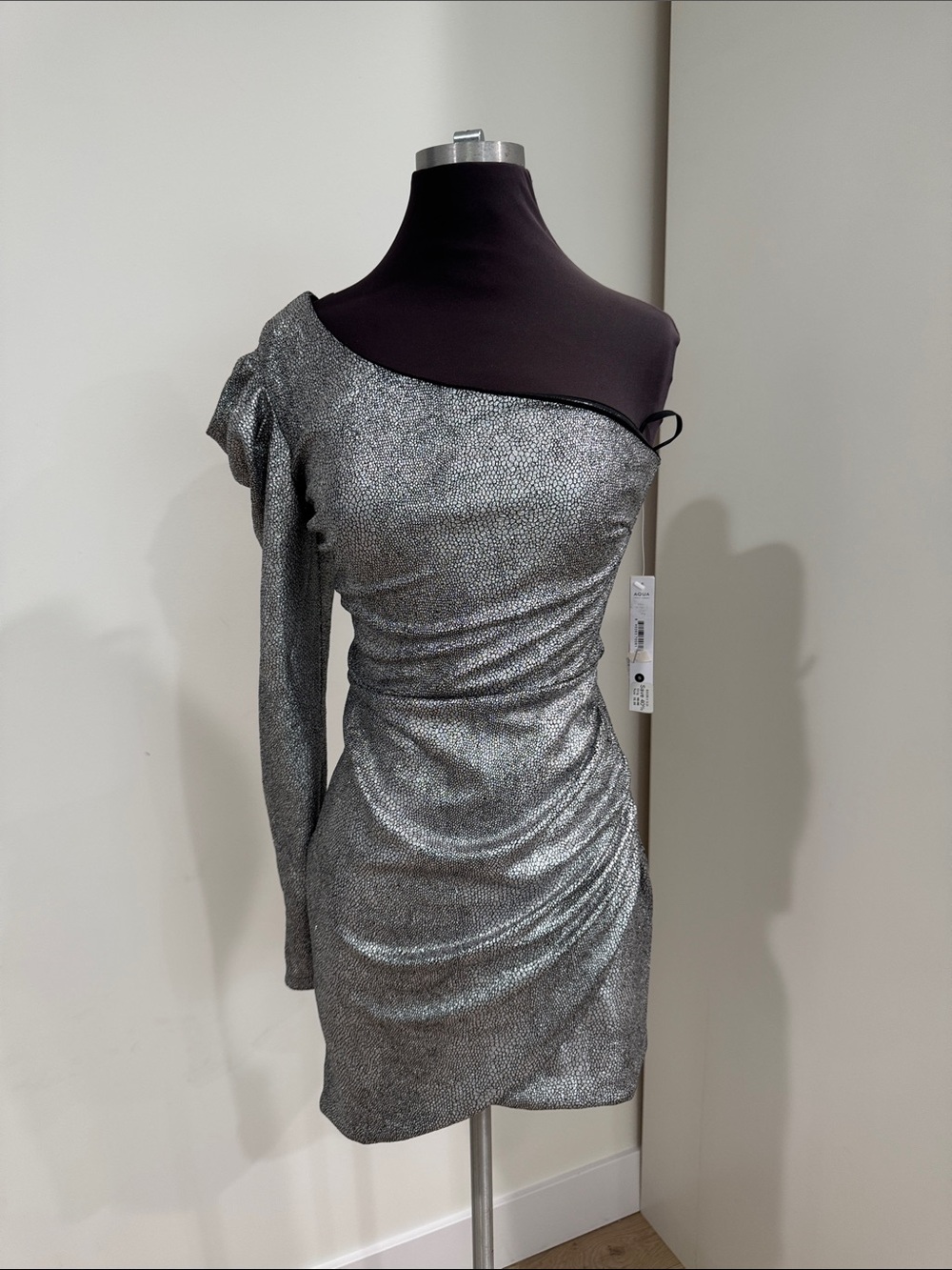 Aqua Silver One-Shoulder Mini Dress